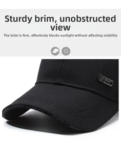 Detail of black baseball cap with rigid brim and side metal plaque for outdoor wear