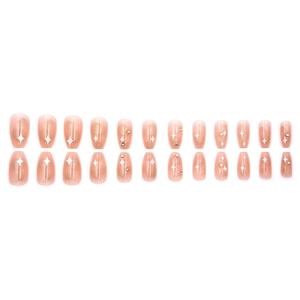 24pcs nude pink ballerina press-on nails with white starburst designs and tiny rhinestones