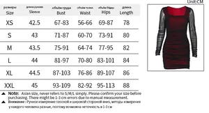 Tableau détaillé des tailles pour robe moulante en tulle du XS au XXL avec mesures