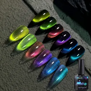 Rainbow cat eye nail gel polish set with holographic magnetic effect on various tips