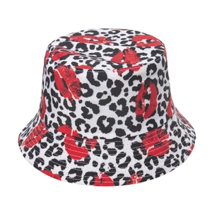 Fashionable bucket hat with black leopard and red lip print design on white cotton
