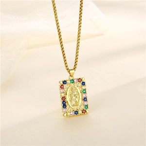 Virgin Mary Pendant Necklace Stainless Steel 18K Gold Plated Square Colorful Cubic Zirconia Religious Jewelry For Women