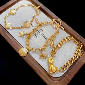 Stainless steel seashell starfish heart charms bracelet set for seaside beach vacation