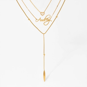 Collier triple rang en acier doré avec pendentif coeur, plaque nom et gland perlé