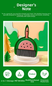 Detail of watermelon-shaped mini broom set with PET bristles and nesting dustpan