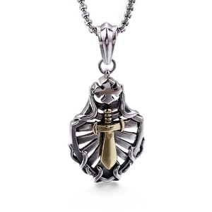 Men Pendant Necklace Stainless Steel Gothic Shield Sword Cross Hip Hop Punk Jewelry Retro Silver Gold Tone