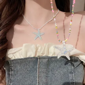 Colorful starfish beaded necklace with iridescent glitter pendant for beach vacation style