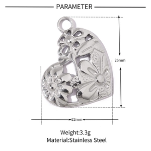 Detailed size parameter of heart-shaped stainless steel pendant with floral cutouts