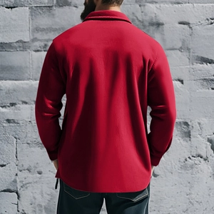 Back view of a red fleece-lined slim fit jacket with lapel collar for men