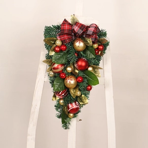 Christmas Teardrop Swag Wreath Magnolia Leaf PVC Pine Needle Red Gold Ball Plaid Bow Door Hanging Decoration