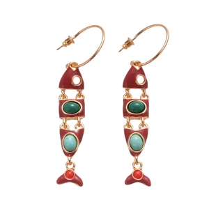 Retro boho fish tassel earrings with colorful enamel and green gems in gold finish