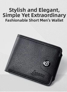 Close-up of black leather men's short wallet with lychee texture and metal snap closure