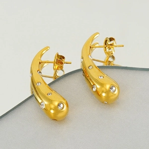 Curved Comma Hoop Earrings Stainless Steel 18K Gold Plated Rhinestone Inlaid Geometric Ins Style Fashion Jewelry For Women