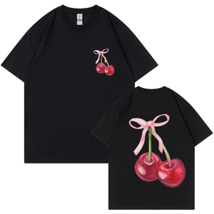 T-shirt unisexe en coton noir avec imprimé cerise et nœud rose devant et au dos