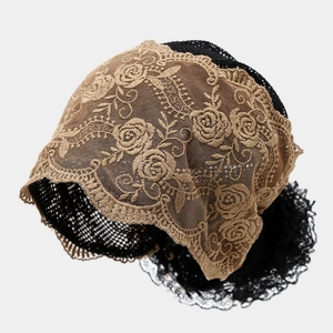 Lace flower beanie cap with vintage brown rose embroidery and breathable black mesh detail