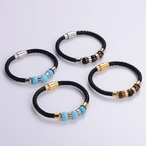 Men Braided Leather Bracelet Natural Stone Beads 316L Stainless Steel Magnetic Clasp Vintage Punk Style