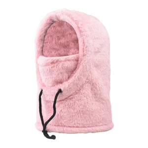 Detailed view of pink fuzzy winter balaclava hood with adjustable drawstring