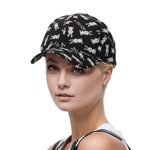 Detail of baseball cap showing all-over cartoon rabbit prints and L RICH lettering