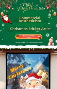 Detailed view of UV window stickers featuring Santa Claus and Merry Christmas calligraphy