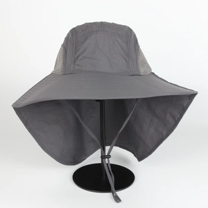 Detail of dark grey sun hat featuring breathable mesh panels and adjustable chin strap