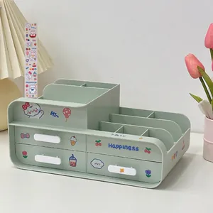 Close-up of a mint green desk organizer with drawers and cute cartoon stickers