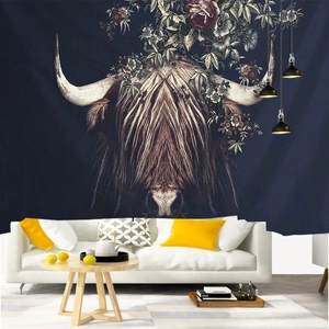 Detailed wall tapestry featuring a Highland cow with floral crown in a modern living room