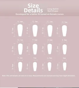 Sizing chart for long ballerina press-on nails showing 12 sizes with precise dimensions
