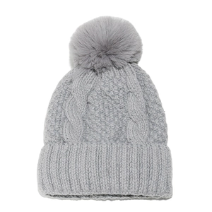 Winter thermal grey knit beanie for women with cable pattern and large fluffy fur pompom