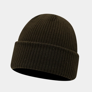 Detail of ribbed knit beanie showing high-elasticity texture and classic folded brim design