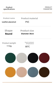 Detailed specifications of 38cm round PVC leather placemats in 8 diverse colors