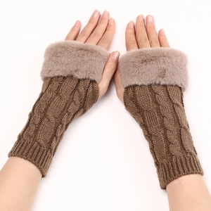 Women's cable knit fingerless gloves in dark brown with faux fur trim for autumn winter