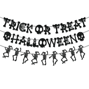 3-piece black glitter Halloween banner set with Trick or Treat, Halloween and dancing skeletons