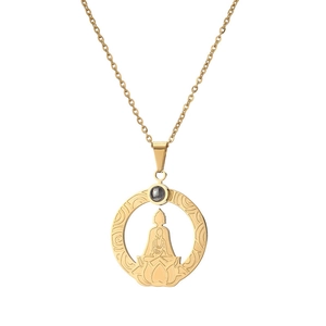 Gold stainless steel necklace with round lotus and Buddha pendant featuring a projection stone