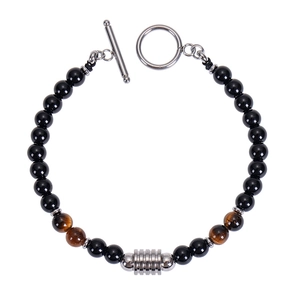 Detail of 6mm obsidian beads and tiger eye stone bracelet with stainless steel T-Bar clasp