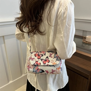 Fashionable butterfly print small square shoulder bag with cream finish for daily casual wear