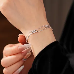 Retro hollow flower square bracelet with double-layer silver chain for women