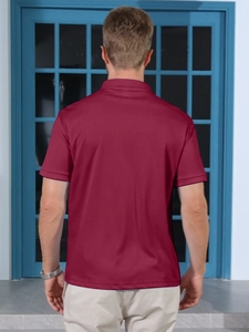 Rear view of men's burgundy polo shirt with flag print on causal short sleeve