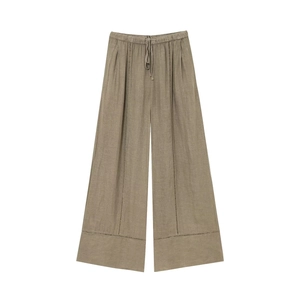Women's minimalist khaki linen wide-leg pants with drawstring waist and cutout hem details