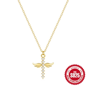 925 Sterling Silver Angel Wings Cross Pendant Necklace For Women Gold Plated Zirconia Religious Jewelry Gift