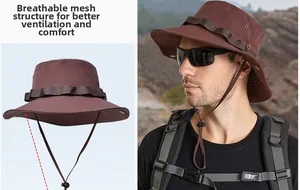 Brown safari hat detail with breathable mesh crown and adjustable chin strap