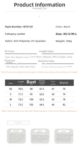Detailed size chart for lace blazer featuring measurements for XS to L and fabric info