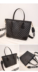 Detail view of large tote bag with geometric prints and wide patterned shoulder strap
