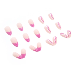 Pink French almond press-on nails with white wave abstract patterns and glossy finish
