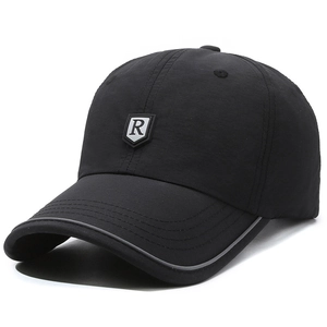 Quick-dry black baseball cap with silver R shield logo and reflective brim trim