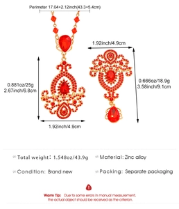 Detail view of red crystal jewelry set with zinc alloy dimensions and weight specs