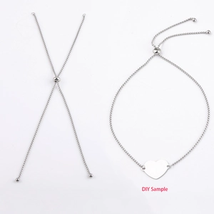 Detail of adjustable 1.8mm stainless steel box chain with heart charm and DIY bolo bead