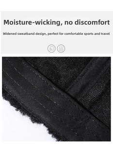Detail of widened sweatband in black lamb wool baseball cap with moisture-wicking fabric