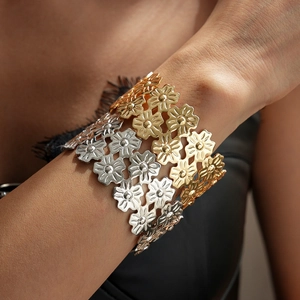 Hollow Flower Open Bangle Iron Metal Wide Cuff Bracelet Jewelry For Women Elegant Stylish