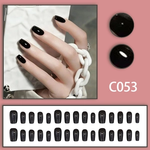 Glossy black long coffin press-on nails set with 24 pieces in various sizes for women