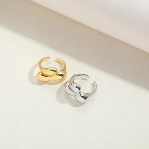 Minimalist double layer adjustable open rings in fluid organic gold and silver finish